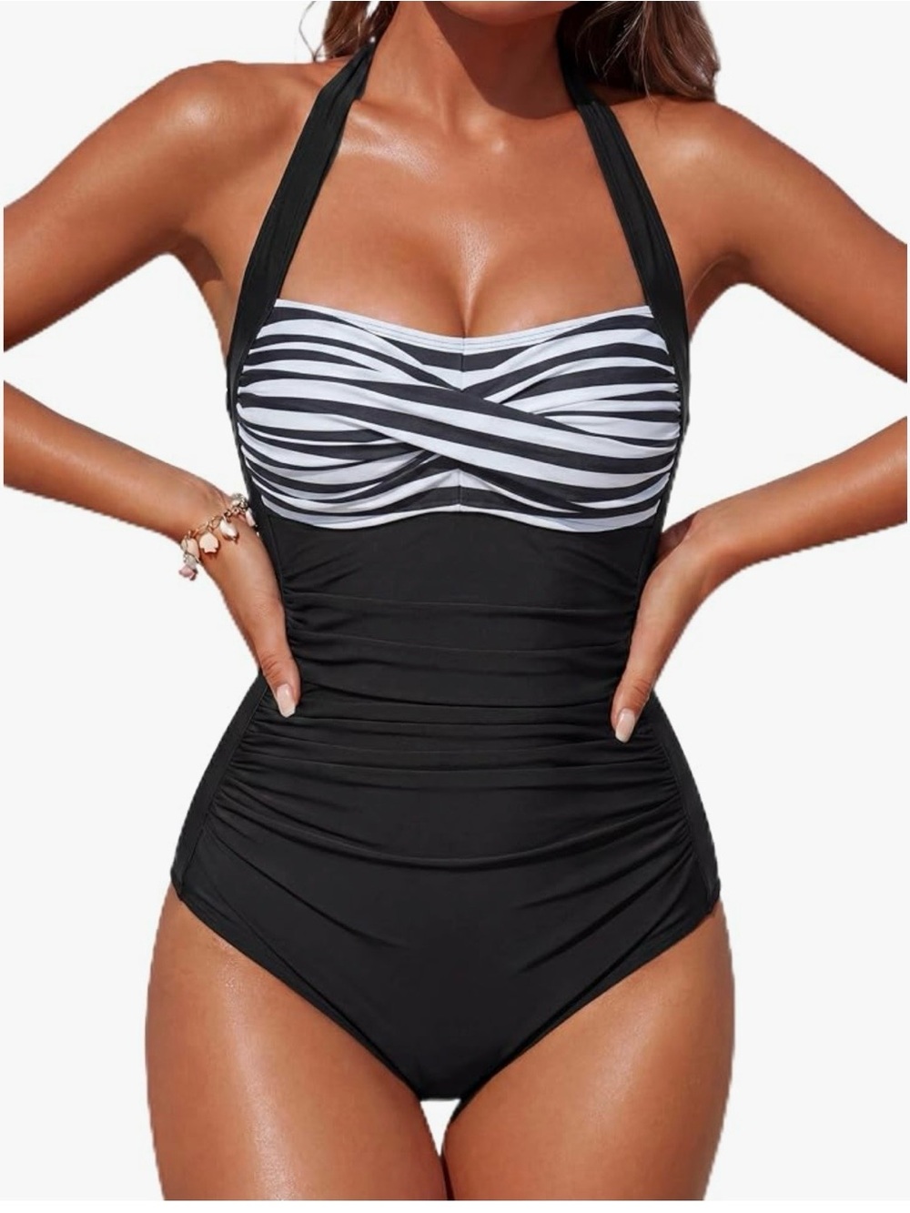 Classic Black & White Stripe Halter Ruched One-Piece Swimsuit with Tummy Control